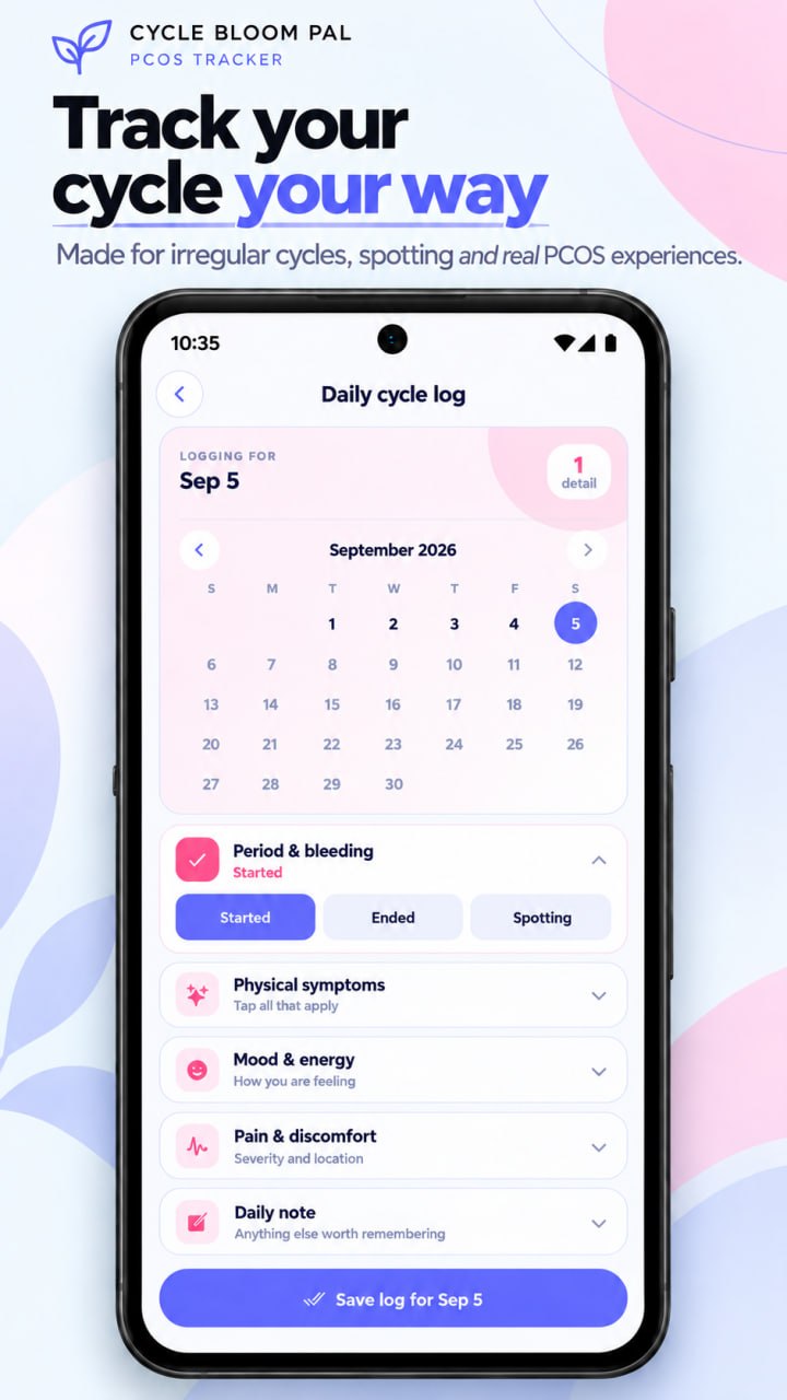 Daily cycle log with calendar, bleeding options, and symptom categories