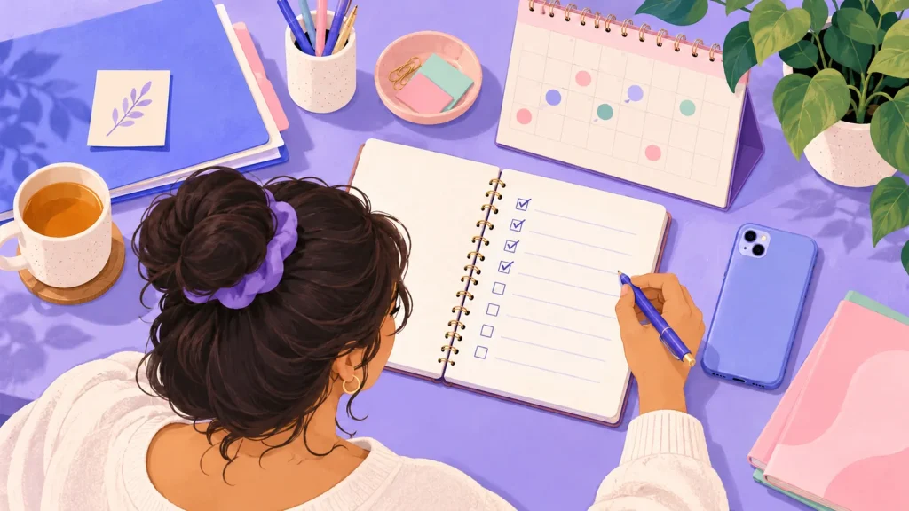 Overhead illustration of a woman holding a pen above an appointment checklist, with a calendar, phone and stationery.