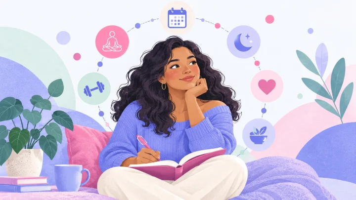 Illustration of a woman journaling with calendar, sleep, movement and wellbeing symbols.