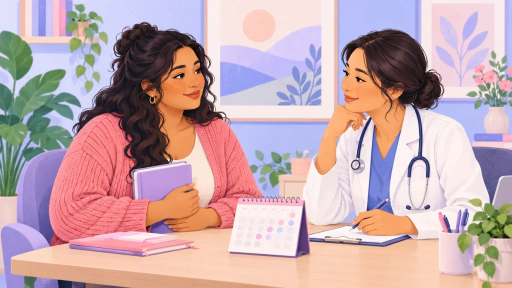 Illustration einer Patientin, die ihre Notizen mit einer aufmerksam zuhörenden medizinischen Fachperson bespricht.