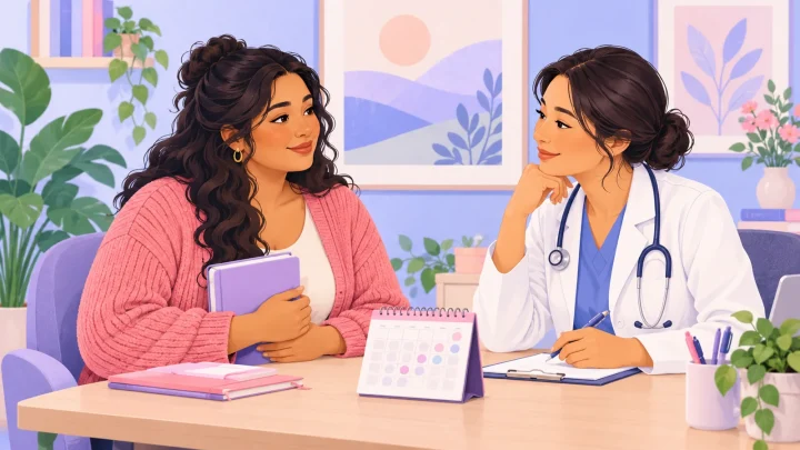 رسم لمريضة تناقش ملاحظاتها مع مختصة صحية تستمع إليها باهتمام.