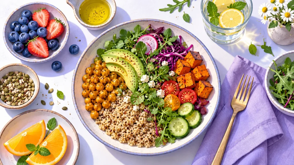 Illustrated bowl of vegetables, chickpeas and grains with fruit and olive oil.