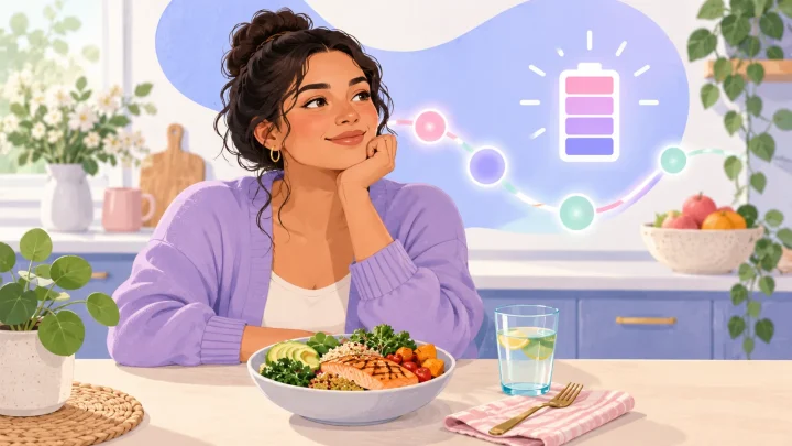 Illustration of a woman with a balanced meal and symbolic energy shapes.