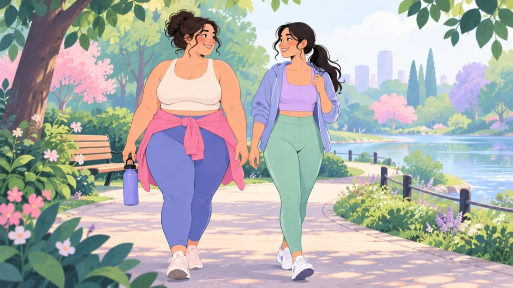 Illustration of two women enjoying a relaxed walk in a leafy park.