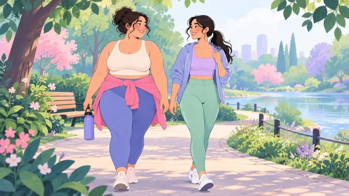 Illustration of two women enjoying a relaxed walk in a leafy park.