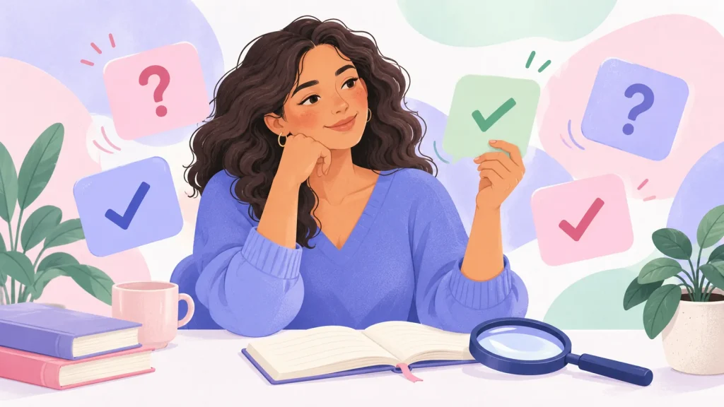 Illustration einer Frau, die Karten mit Fragezeichen und Häkchen neben einem offenen Notizbuch prüft.