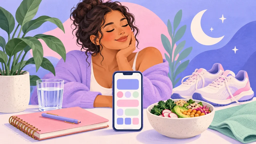 Illustration of a phone, notebook, walking shoes, water and food representing a daily routine.