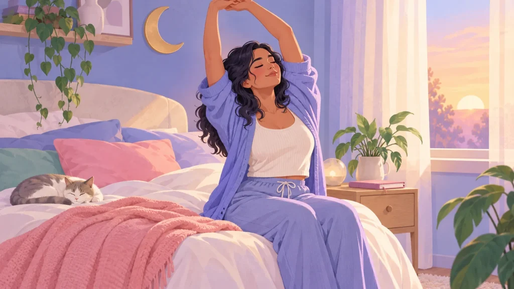 Illustration of a woman stretching gently in a bedroom at dawn.