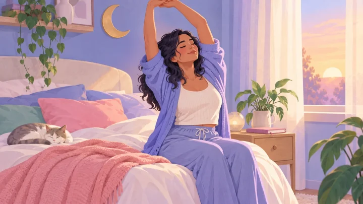 Illustration of a woman stretching gently in a bedroom at dawn.